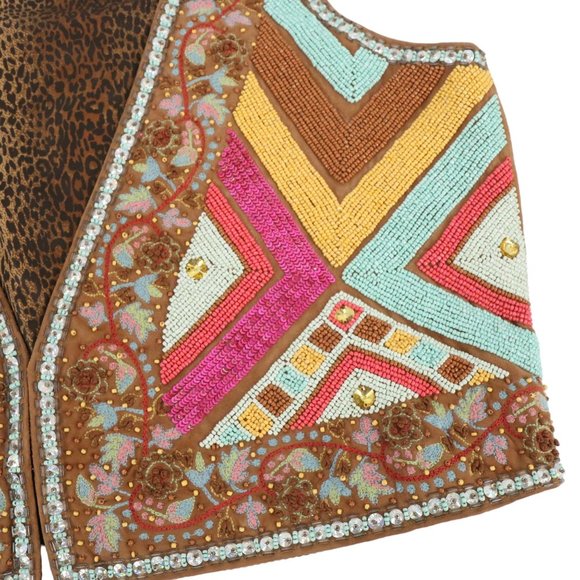 New Tasha Polizzi Heavily Beaded Floral Embroidered Brown Leather Western Vest L - Picture 7 of 15
